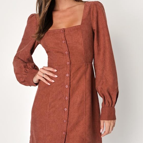 Lulus Dresses & Skirts - Lulus Posh Promise Brown Corduroy Long Sleeve Button-up Mini Dress - Size S